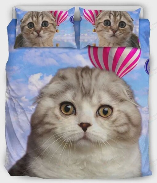 Scottish Fold Cat With Air Balloon Print Bedding Set Bed Sheets Spread Comforter Duvet Cover Bedding Sets