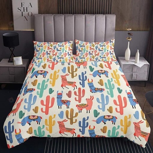 Colorful Alpaca And Cactus Pattern Bedding Set Bed Sheets Spread Comforter Duvet Cover Bedding Sets