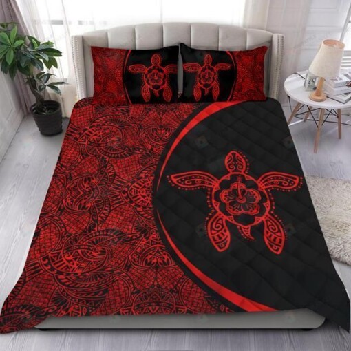 Red Hawaiian Hibiscus Turtle Quilt Bedding Set