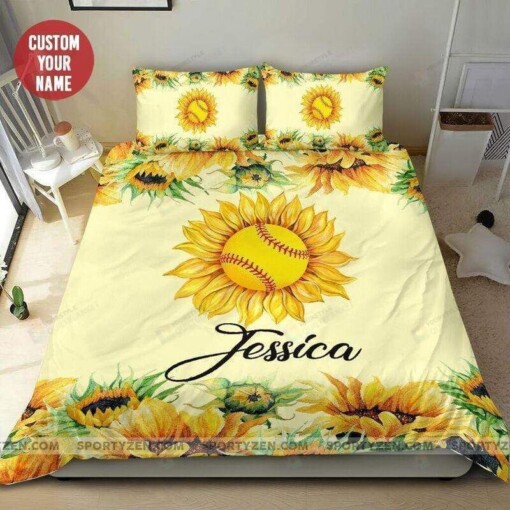 Sunflower Softball Personalized Custom Name Duvet Cover Bedding Set