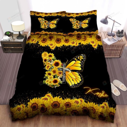 Personalized Sunflower And Butterfly Faith In God Black Bedding Set Bed Sheets Spread Comforter Duvet Cover Bedding Sets