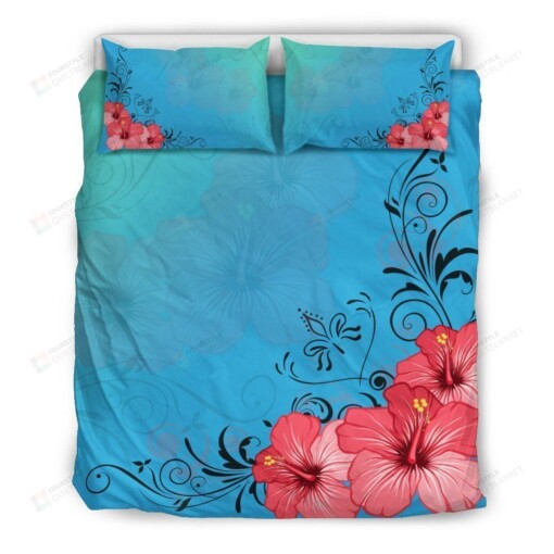 Hawaii Hibiscus Pattern Blue Bedding Set Bed Sheets Spread Comforter Duvet Cover Bedding Sets