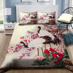 Red Crowned Crane And Flowers Bedding Set Bed Sheets Spread Comforter Duvet Cover Bedding Sets