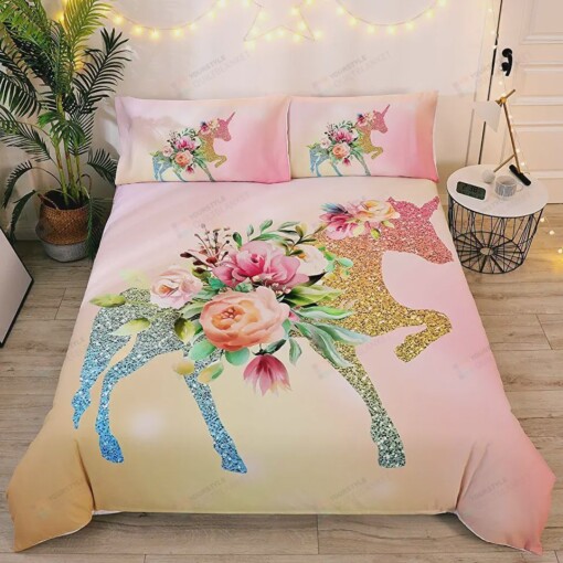 Floral Unicorn Horse Pattern Bedding Set Bed Sheets Spread Comforter Duvet Cover Bedding Sets