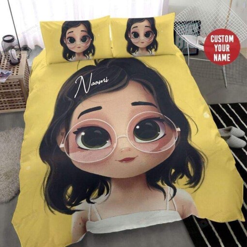 Baby Girl Wear Glasses Yellow Bedding Personalized Custom Name Duvet Cover Bedding Set