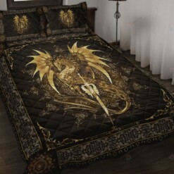 Dragon Motif Gold Quilt Bedding Set