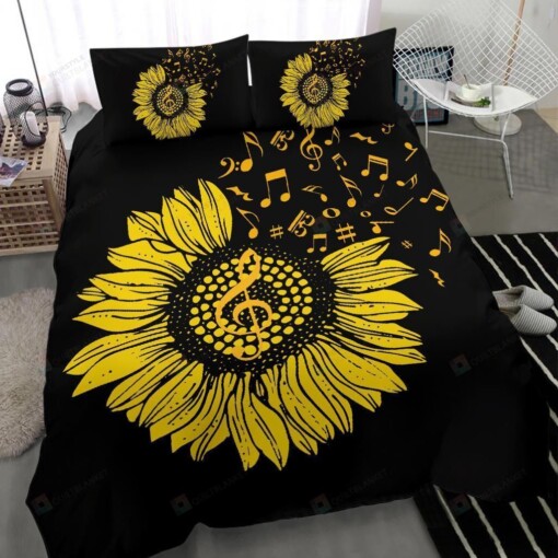 Music Notes Sunflower Black Bedding Set Cotton Bed Sheets Spread Comforter Duvet Cover Bedding Sets
