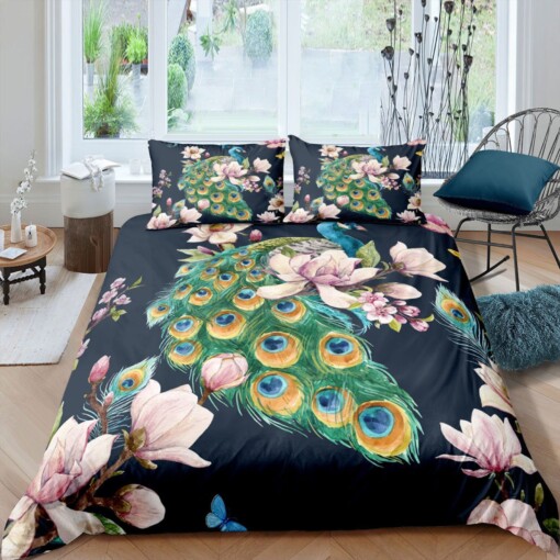 Peacock Flower Pattern Bedding Set  Bed Sheets Spread Comforter Duvet Cover Bedding Sets