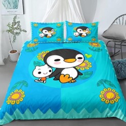 Penguin Cartoon Pattern Blue Bedding Set Bed Sheets Spread Comforter Duvet Cover Bedding Sets