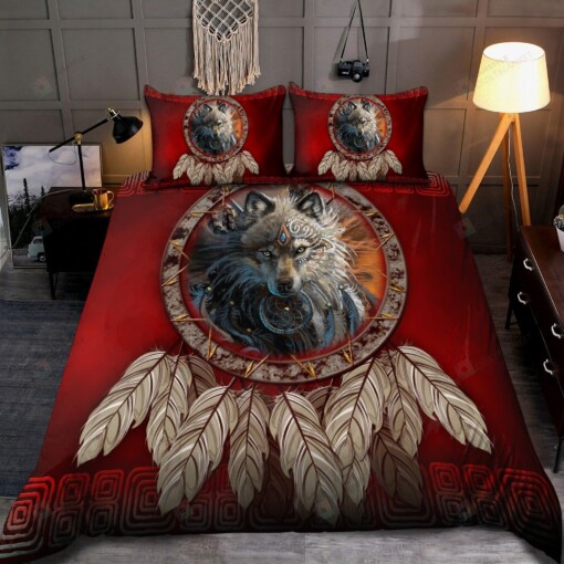 Wolf With Native American Feather Red Bedding Set Bed Sheets Spread Comforter Duvet Cover Bedding Sets