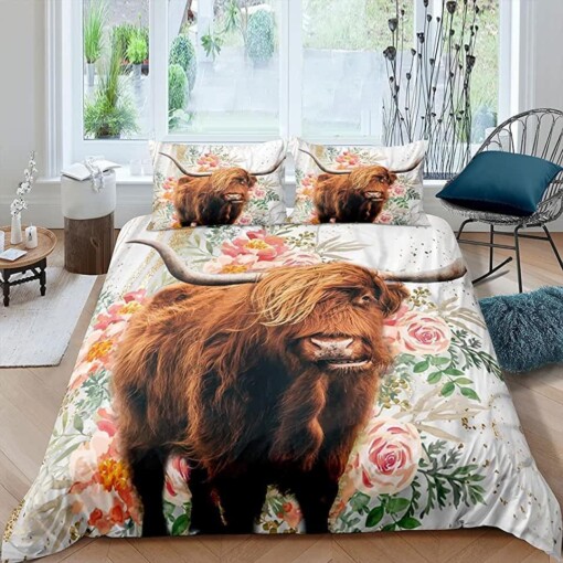 Highland Cow With Flower Bedding Set Bed Sheets Spread Comforter Duvet Cover Bedding Sets