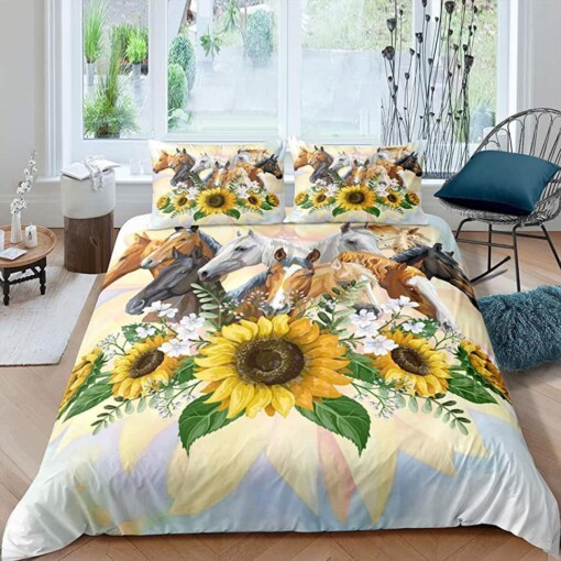 Horse Sunflower Bedding Set Bed Sheets Spread Comforter Duvet Cover Bedding Sets
