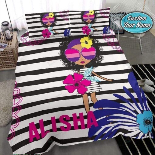 Black Little Girl Summer Bedding Personalized Custom Name Duvet Cover Bedding Set