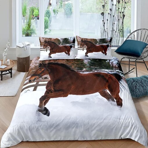 Brown Horse On Snow Bedding Set Bed Sheet Spread Comforter Duvet Cover Bedding Sets