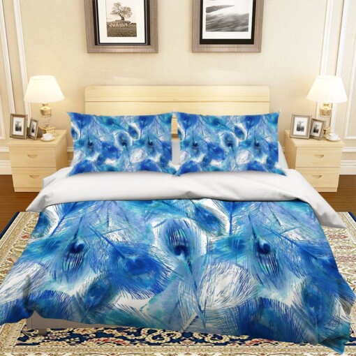 Blue Peacock Feather Bedding Set  Bed Sheets Spread Comforter Duvet Cover Bedding Sets