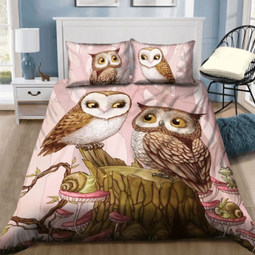 Owl Couple Love For Night Dream Pink Bedding Set Cotton Bed Sheets Spread Comforter Duvet Cover Bedding Sets