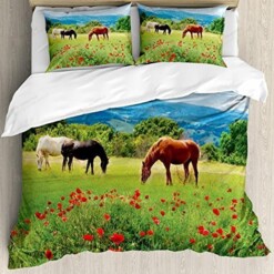 Horses Eating Grass Bedding Set Bed Sheets Spread Comforter Duvet Cover Bedding Sets