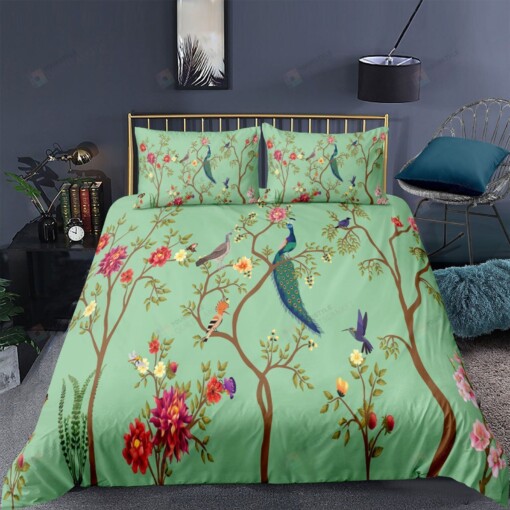 Peacock Flower Green Bedding Set  Bed Sheets Spread Comforter Duvet Cover Bedding Sets