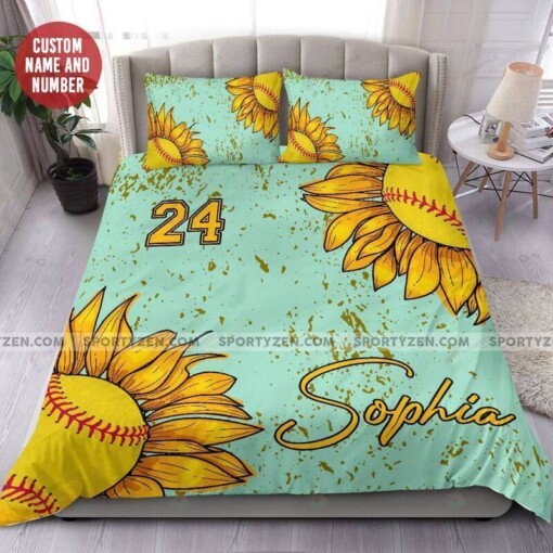 Sunflower Softball Custom Duvet Cover Bedding Set With Your Name