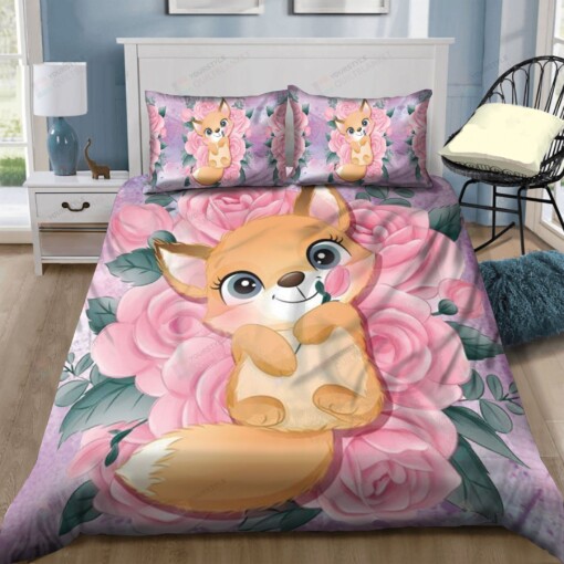 Lovely Fox With Flower Bedding Set Bed Sheets Spread Comforter Duvet Cover Bedding Sets