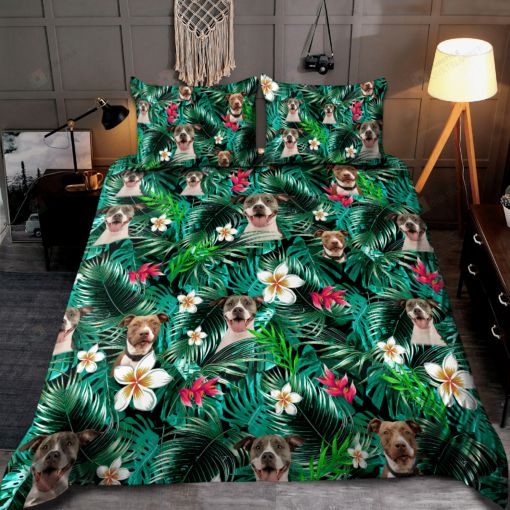 Pitbull Dog And Hawaiian Pattern Bedding Set Bed Sheets Spread Comforter Duvet Cover Bedding Sets