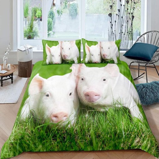 Pig Couple On The Grass Bedding Set Bed Sheets Spread Comforter Duvet Cover Bedding Sets