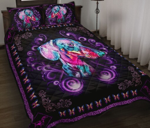 Dachshund Floral Frame Purple Quilt Bedding Set