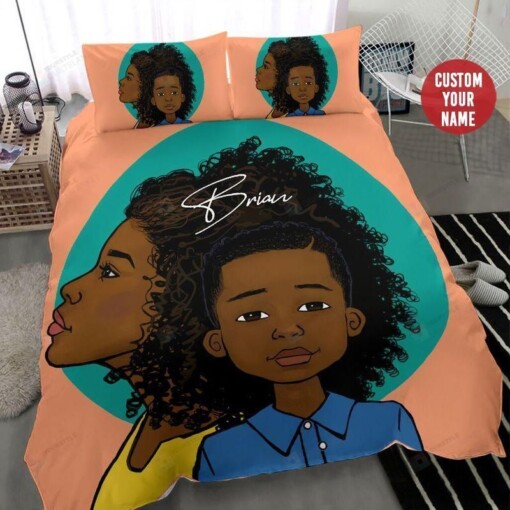 African American Black Mom And Son Background Bedding Custom Name Duvet Cover Bedding Set