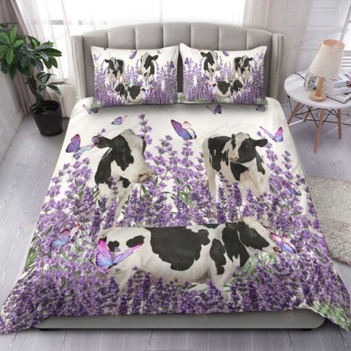 Dairy Cow And Lavender Flower Bedding Set Bed Sheet Spread Comforter Duvet Cover Bedding Sets