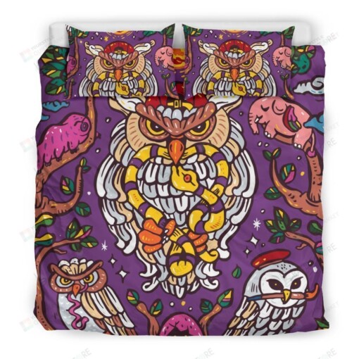Colorful Owl Purple Bed Sheets Spread Duvet Cover Bedding Set
