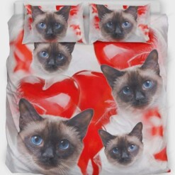 Cute Siamese Cat With Heart Print Bedding Set Bed Sheets Spread Comforter Duvet Cover Bedding Sets