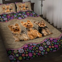 Yorkshire Terrier Flower Pattern Quilt Bedding Set