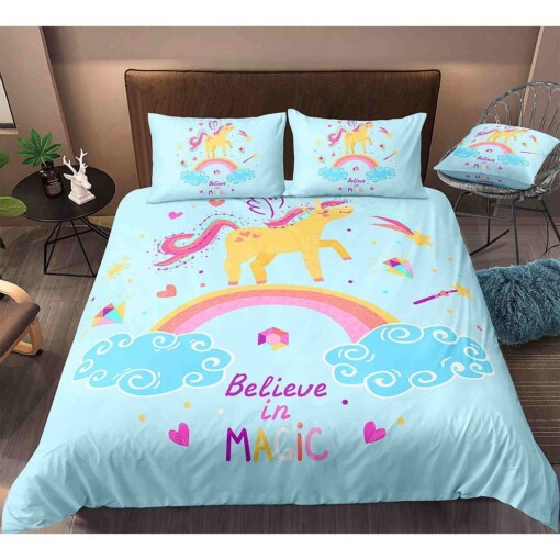 Cartoon Unicorn Believe In Magic Bedding Set Cotton Bed Sheets Spread Comforter Duvet Cover Bedding Sets