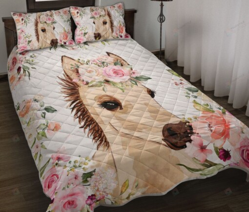 Horse - Baby Watercolor Flower Quilt Bedding Set