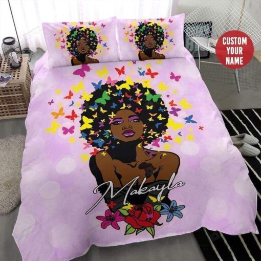African American Black Girl Butterfly Afro Bedding Custom Name Duvet Cover Bedding Set