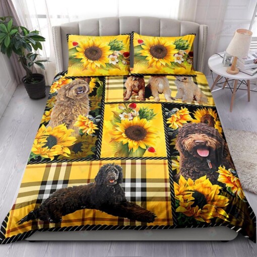 Labradoodle And Sunflower With Yellow Tartan Bedding Set Bed Sheets Spread Comforter Duvet Cover Bedding Sets