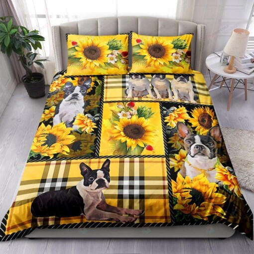 Boston Terrier And Sunflower With Yellow Tartan Bedding Set Bed Sheets Spread Comforter Duvet Cover Bedding Sets