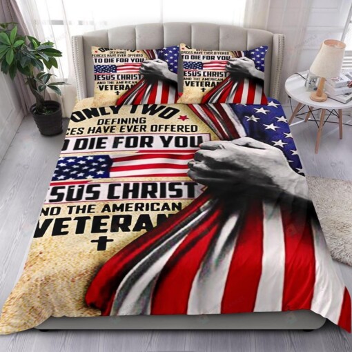 Jesus Christ And American Veterans Bedding Set Patriotic Gift For Veterans Bed Sheets Spread Comforter Duvet Cover Bedding Sets