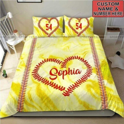 Softball Yellow Duvet Cover Bedding Personalized Custom Name And Number