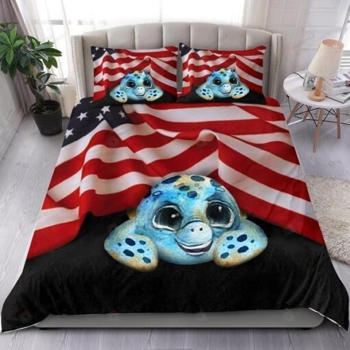 Turtle And American Flag Bedding Set Patriotic Gift Bed Sheets Spread Comforter Duvet Cover Bedding Sets