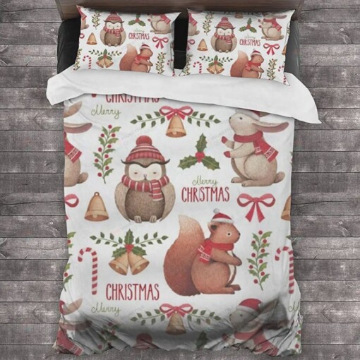 Christmas Owl Rabbit Squirrel Bedding Set 1 Duvet Cover With 2 Pillow Case Bedding Set