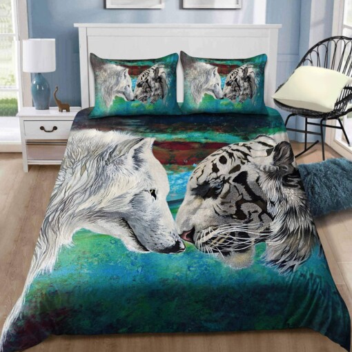 White Wolf And Tiger Bedding Set Bed Sheets Spread Comforter Duvet Cover Bedding Sets