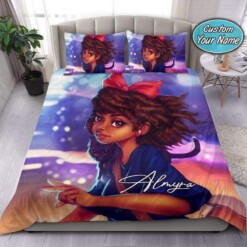 Black Girl Black Cat Custom Name Duvet Cover Bedding Set