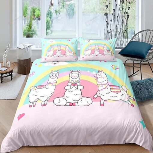 Cartoon Alpaca And Rainbow Bedding Set Bed Sheets Spread Comforter Duvet Cover Bedding Sets