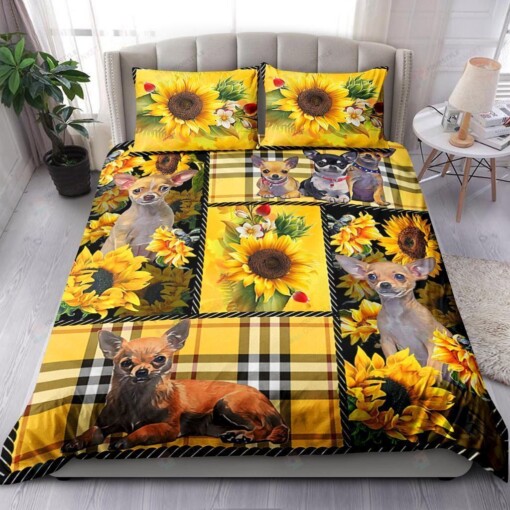 Chihuahua And Sunflower With Yellow Tartan Bedding Set Bed Sheets Spread Comforter Duvet Cover Bedding Sets