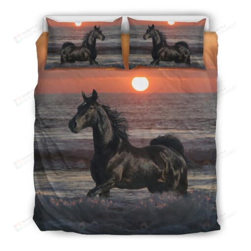 Black Horse Running On The  Beach Sunset Bedding Set Bed Sheets Spread Comforter Duvet Cover Bedding Sets