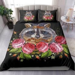 Raccoon Head And Roses Black Bedding Set Bed Sheets Spread Comforter Duvet Cover Bedding Sets