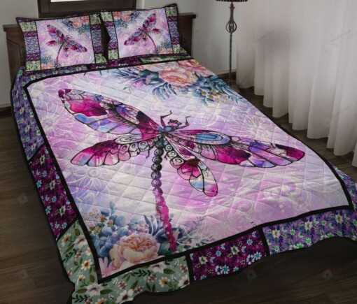 Dragonfly Draw Flower Art Quilt Bedding Set