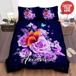 Butterfly Purple Flower Custom Name  Duvet Cover Bedding Set