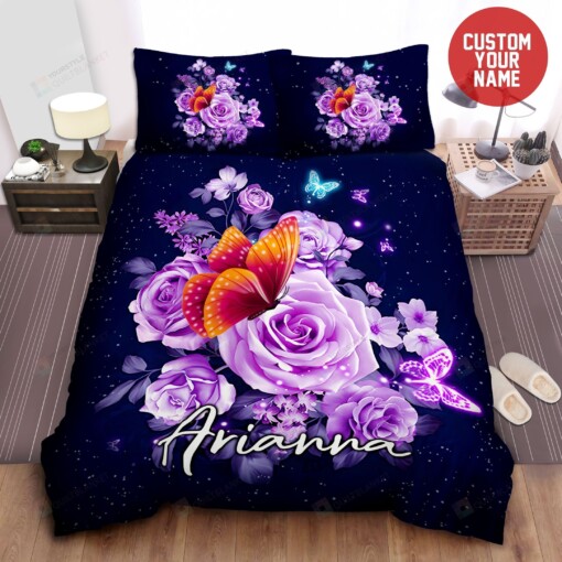 Butterfly Purple Flower Custom Name Duvet Cover Bedding Set